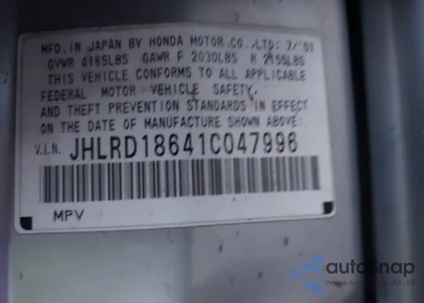 2001 Honda Cr-V Ex z USA, uszkodzony, nr VIN JHLRD18641C047996